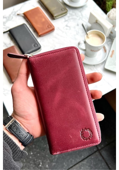 Leo Antik Bordo Unisex Hakiki Deri Telefon Bölmeli Cüzdan Bordo