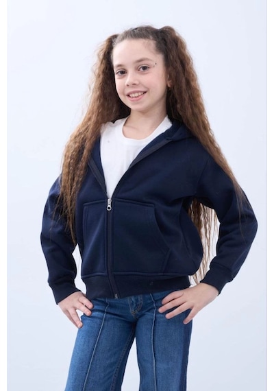 Kız Çocuk Kapüşonlu Kanguru Çepli Tam Fermuarlı Hırka Sweatshirt - Lacivert Kız Çocuk Kapüşonlu Kanguru Çepli Tam Fermuarlı Hırka Sweatshirt - Lacivert