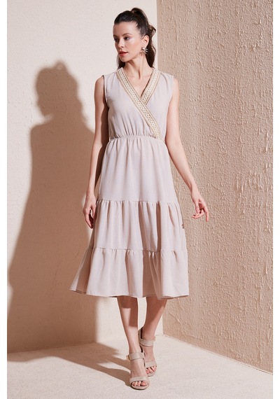 Lela Regular Fit Kruvaze Yaka Midi Bayan Elbise 6118103 Taş