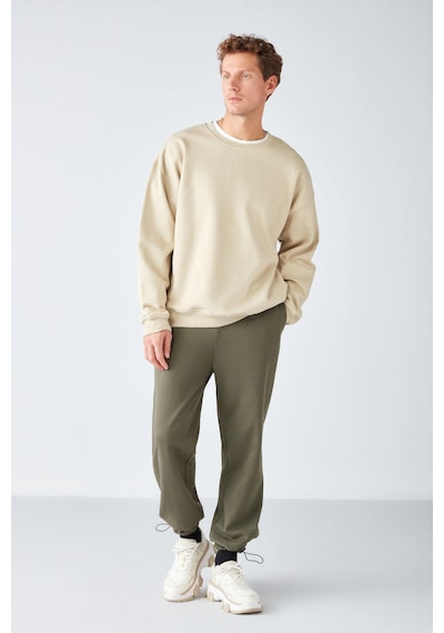 Grimelange Stephan Erkek Yumuşacık Kumaşlı Organik Pamuklu Oversize Fit Yuvarlak Yakalı Bej Sweatshirt