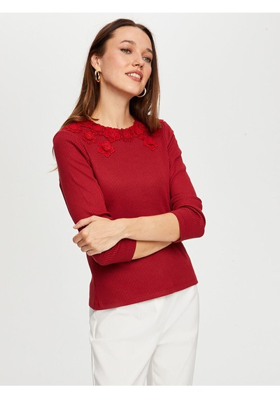 Dantel Çiçek Aplikeli Yuvarlak Yaka Kaşkorse Tshirt W26tsh070 Uw26tsh07040 Bordo