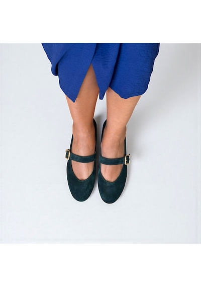 Ne&ve Shoes Koyu Yeşil Süet Hakiki Deri Yuvarlak Burunlu Tokalı Kadın Babet