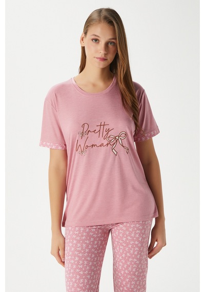 Ritnice Kadın Pretty Woman Viskon Bisiklet Yaka Kısa Kol Pembe Alt Üst Pijama Takımı Pembe