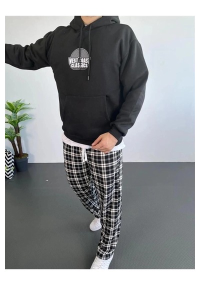 Suma Erkek Oversize Kapüşonlu Sweatshirt Siyah Ön Ve Sırt Baskılı Kanguru Cepli