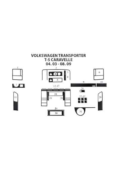 Volkswagen Carevella T5 Torpido Kaplama 2003-2009 31 Parça Siyah Karbon