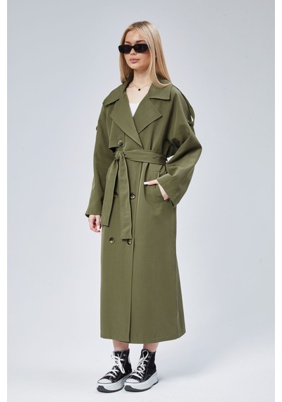 Kadın Oversize Astarlı Uzun Trençkot Haki