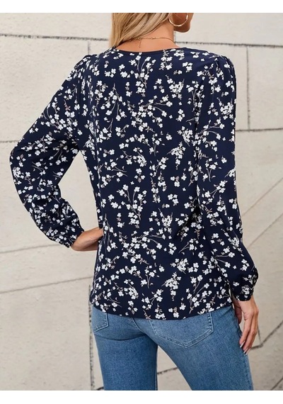 Moderie Butik Kadın Uzun Kollu V Yakalı Çiçek Desenli Modal Bluz Lacivert