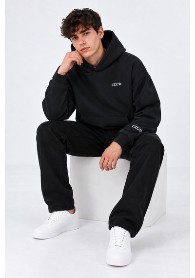 We&me Oversize Geniş Kalıp Baskılı Kapüşonlu Erkek Sweatshirt Siyah