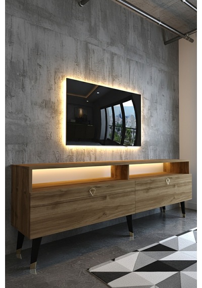 Resital Ledli Tv Sehpası - Led Işıklı - Gold Ceviz - Gl9016-2