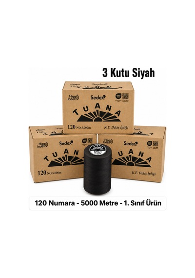 Tuana Polyester Dikiş İpliği 120 Numara 5000 Metre Siyah 18 Bobin 3 Kutu Makine İpi Dikiş İpi