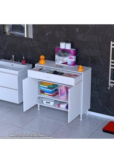 Modilayn Emir 95 X 88 X 32,5 Cm 1 Çekmece 2 Kapak 2 Raf 3 Bölme Çok Amaçlı Banyo & Mutfak Dolabı Beyaz