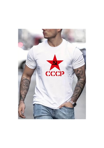 Caddemia Yaz  Moda Rahat Spor Gevşek Cccp Mektup Pentagram Baskılı Yuvarlak Boyu Beyaz 2XL