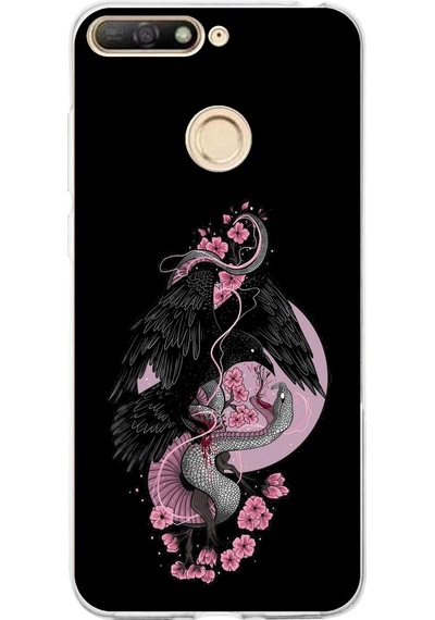 Huawei Y6 2018 - Honor 7a Uyumlu Pembe Siyah Yılan Baskılı Silikon Kılıf Renkli