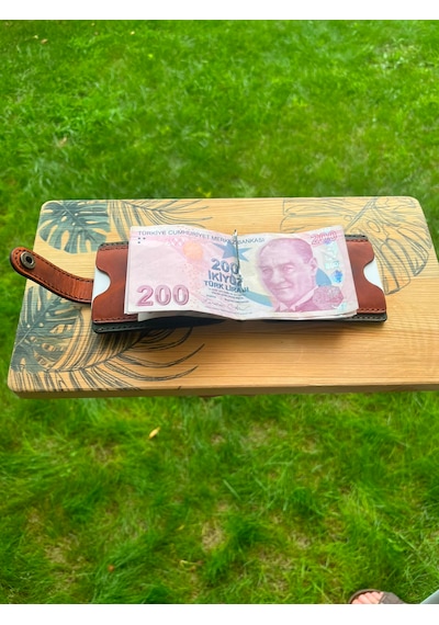 Sirjackal Craft El Yapımı Hakiki Deri Nakit Bölmeli Kartlık Cüzdan - Umay Turuncu - Yeşil