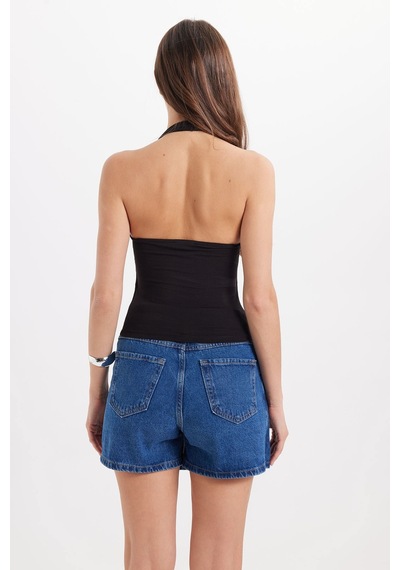 Tudors Kadın Slim Fit Pamuklu Boyundan Geçmeli Sırt Detaylı Likralı Siyah Bluz -50475