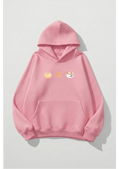 Uyguntarz Unisex Yumuşak Dokulu Pumpkin Spice & Cozy Vibes Baskılı Tasarım Oversize 3 İplik Hoodie Sweatshirt Pembe