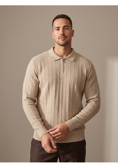 Maccali Erkek Bej Fitil Detaylı Fermuarlı Polo Yaka Triko Sweatshirt