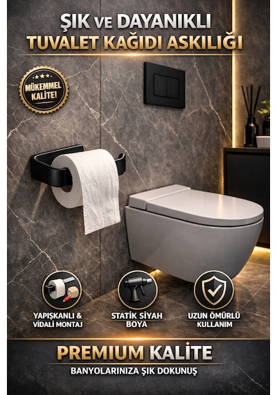 Alper Banyo Siyah Yapışkanlı Lüks Lamalı Tuvalet Kağıtlığı