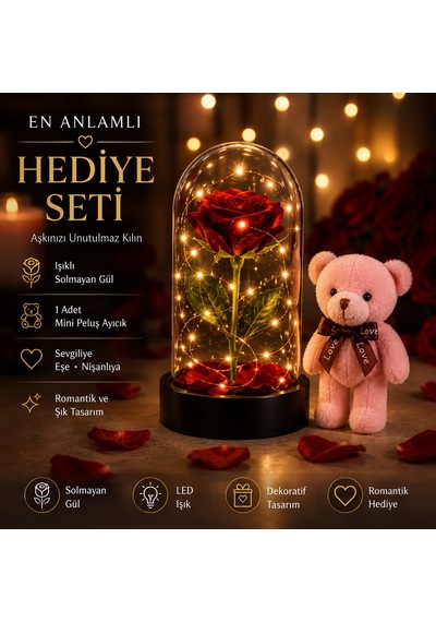 Led Işıklı Mika Fanus Solmayan Yapay Kırmızı Gül & 1 Mini Peluş Ayıcık Sevgiliye Romantik Hediye Set