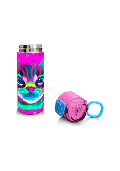 Coral High Kids Mor Pembe Kedi Desenli Pipetli Ve Direkt İçim Çelik Termos 500 Ml 31800 Pembe