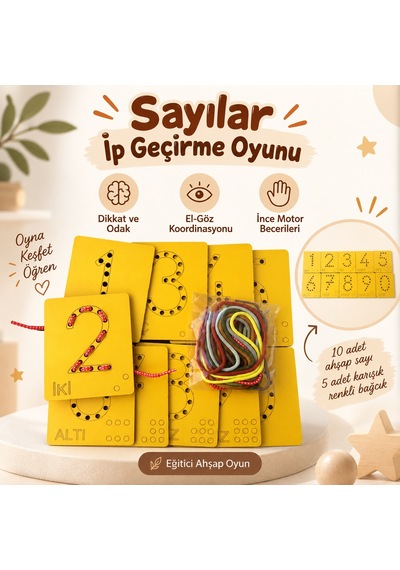 Eğitici Ahşap Sayılar Ip Geçirme Montessori El Kası Geliştirme