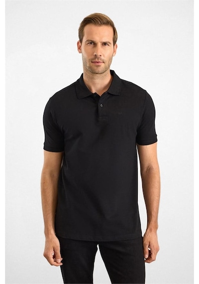 Süvari Siyah Slim Düz Nakışlı Pike Düğmeli Polo Yaka Tişört Ts1014000474-s09