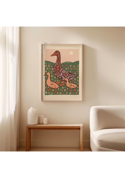 Ördek Ailesi Çayır Posteri Halk Sanatı Kuş Baskısı Kağıt Duvar Dekoru