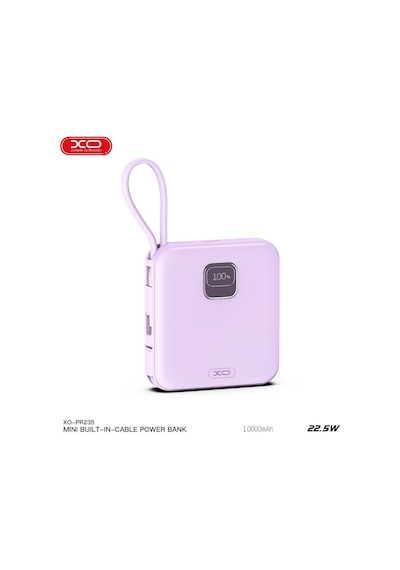 Pr235 22.5w Usb-c Type-c Lightning Kablolu 10000 Mah Led Ekranlı Powerbank Şarj Aleti Lila