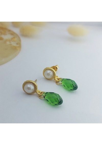 Vaoov 14k Altın Kaplama Yeşil Kristal Taşlı İnci Küpe Gold
