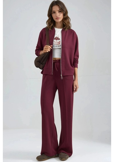 Fiolin Modal Dokulu Fermuarlı Sweatshirt & Nervürlü Pantolon Takımı Bordo