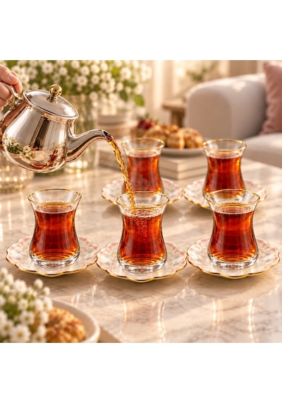 6 Kişilik Çiçek Desenli Gold Detaylı Cam Çay Takımı Şeffaf