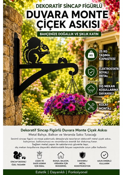 Dekoratif Sincap Figürlü Duvara Monte Çiçek Askısı Lazer Kesim Metal Bahçe Balkon Saksı Askılığı