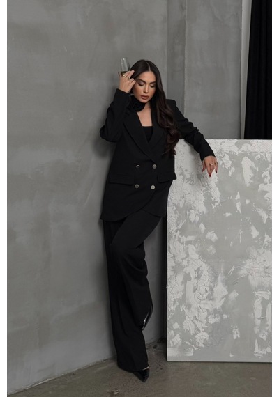 Msm Fashion Kadın İkili Blazer Ceket Pantolon Takım Aksesuar Ve Düğme Detaylı Bol Paça Siyah Msm Fashion Kadın İkili Blazer Ceket Pantolon Takım Aksesuar Ve Düğme Detaylı Bol Paça Siyah