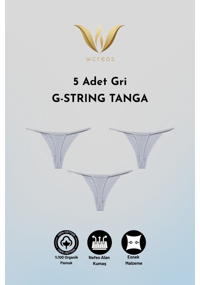 Wcreas Kadın İpli Tanga, Pamuklu Yumuşak Kumaş G-string Tanga 5'li Paket Gri Gri