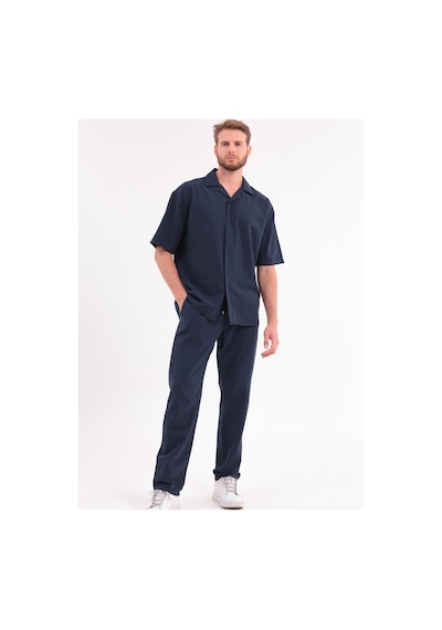 Erkek Siyah Keten Takım Oversize Gömlek & Pantolon 2'li Set Bağcıklı Rahat Yazlık Kombin Lacivert