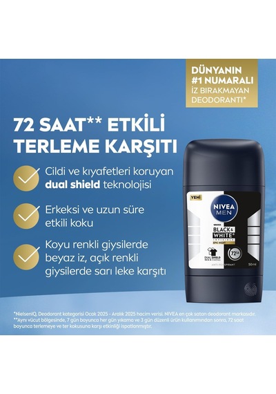 Men Erkek Stick Deodorant Black&white Invisible Epic Night 50 Ml,72 Saat Terleme Karşıtı,kumaş Koruması,alkolsüz