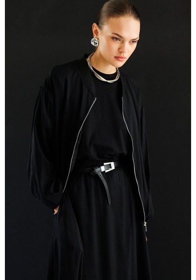 Mizalle Modal Karışımlı Siyah Oversize Bomber Ceket Siyah