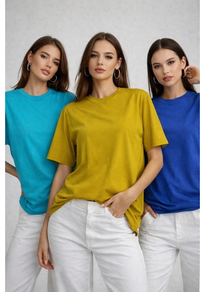 Kadın 3'lü Paket Hardal-turkuaz-saks Mavi %100 Pamuk Oversize Basic Tişört Bisiklet Yaka Relaxed T-shirt Beyaz-antrasit-lila