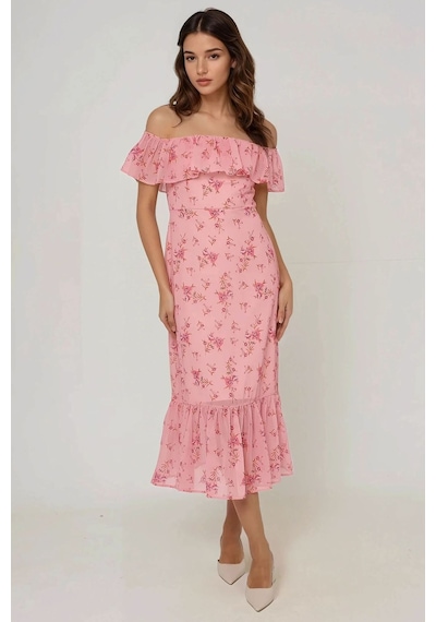 Hiccup Omzu Açık Çiçek Desenli Bodycon Midi Elbise Pembe