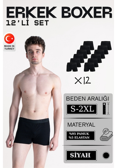 Mercan 12'li Erkek Siyah Boxer - Gün Boyu Nefes Alan Kumaş, Esneklik