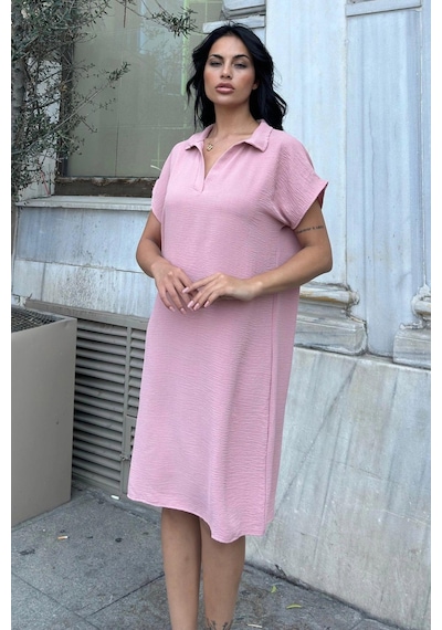 WeShaya Pudra Airobin Dokulu Rahat Midi Elbise Pudra