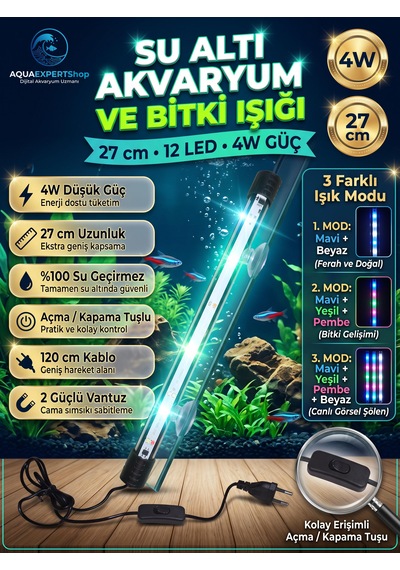 Akvaryum Işığı - Balık Işığı - Bitki Işığı - 27 Cm - 12 Led - Tamamen Su İçinde Kullanılabilir - 3 Modlu - 4w - Mükemmel Işık