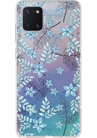 Samsung Galaxy A81 Uyumlu Kapak Floral Mavi Tasarımlı Şeffaf Silikon Kılıf