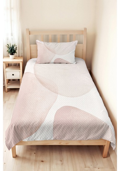 Geometrik Pudra Genç Odası Tek Kişilik Pike Takımı - Modern Bej 160x220 Cm Kapitone Yatak Örtüsü Naif Saman Buharı
