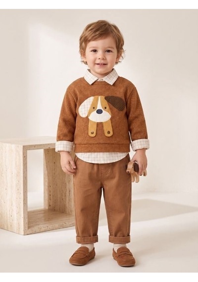 Zekids Erkek Bebek Köpek Aplikeli Kazak Gömlek Ve Pantolon Takım-17437 Kahverengi