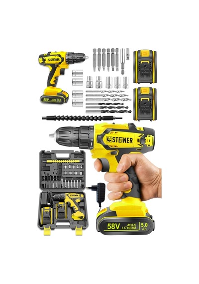 Tr Germany Technology Kupfer Darbeli 58 V 5 Ah Çift Akülü Vidalama Matkap Sarı + 24 Parça Set