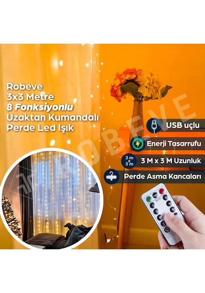 Robeve 3x3 Metre Peri Led Kumandalı Perde Asma Kancalı Peri Led Yılbaşı Led Gün Işığı Led Işık 8 Modlu Parti Işığı Dekoratif Işık Led Saçak Led Işık Perde Led Yılbaşı Dekorasyon