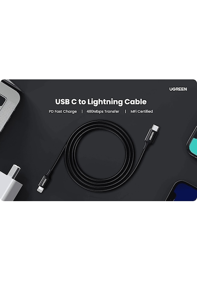 Ugreen Lightning To Usb-c 3a Pd Mfi Sertifikalı Hızlı Şarj Kablosu 1 M Siyah