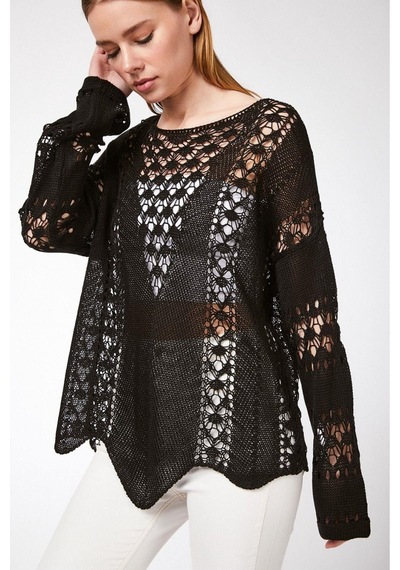 Aqe Fashion Kadın Kayık Yaka Ajurlu Siyah Triko Bluz Gri