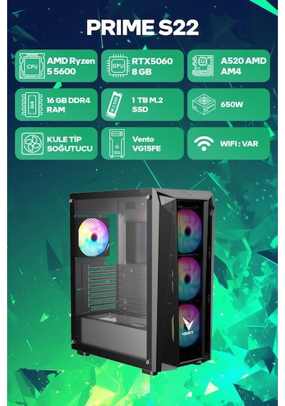 Game Garaj Prime S22 R5-5600 16 GB 1 TB SSD RTX5060 Free Dos Oyuncu OEM Paket